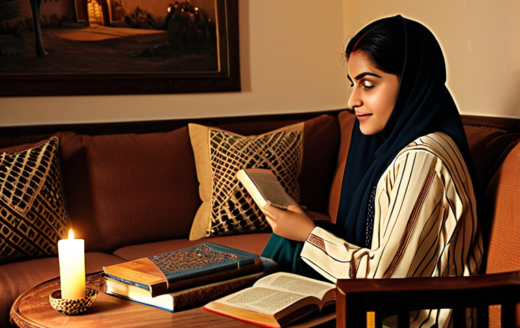 A Cozy Home Scene**
"A warm and inviting living room setting. A fully clothed woman in a modest shalwar kameez is seated comfortably on a sofa. A handcrafted candle sits on a nearby coffee table, casting a soft glow. Books, a cup of chai, and perhaps some traditional Pakistani embroidery are also visible. Safe for work, appropriate content, professional quality, perfect anatomy, natural proportions, family-friendly, warm color palette, soft lighting, detailed textures."
**