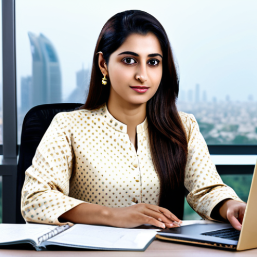 **

A Pakistani woman, around 30 years old, in a professional setting. She is wearing a shalwar kameez in a subtle, elegant print (specify colors like beige and light gold), fully clothed. She's sitting at a desk in a modern office in Karachi, with a laptop in front of her. The background is a blurred view of the city skyline. Perfect anatomy, natural pose, well-formed hands, proper finger count, professional environment, safe for work, appropriate content, modest, family-friendly.

**
