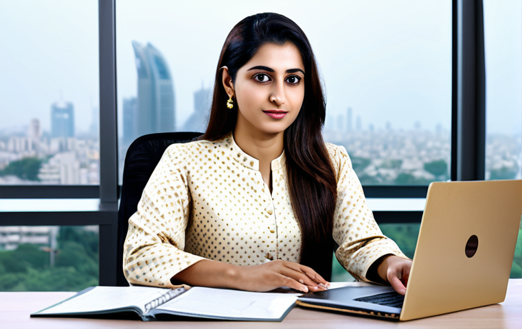 **
A Pakistani woman, around 30 years old, in a professional setting. She is wearing a shalwar kameez in a subtle, elegant print (specify colors like beige and light gold), fully clothed. She's sitting at a desk in a modern office in Karachi, with a laptop in front of her. The background is a blurred view of the city skyline. Perfect anatomy, natural pose, well-formed hands, proper finger count, professional environment, safe for work, appropriate content, modest, family-friendly.
**